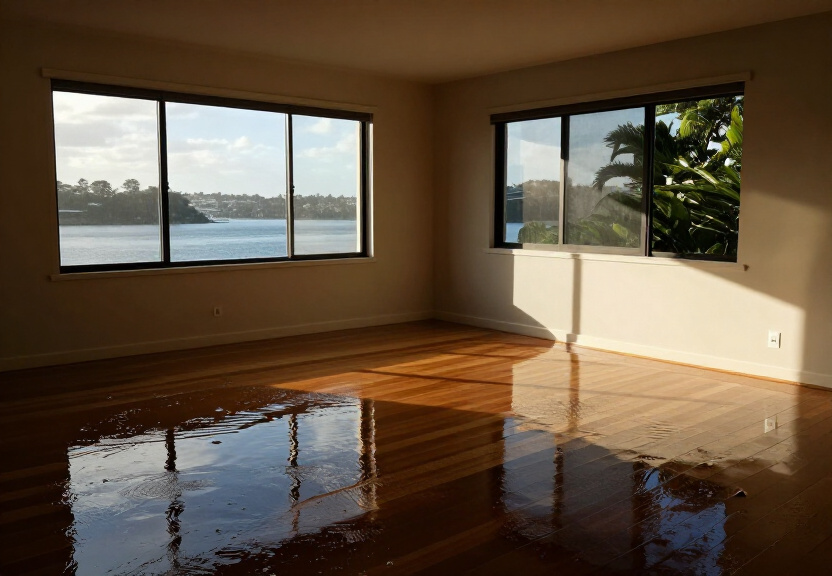 Flood-damaged living room in Forest Lodge before restoration